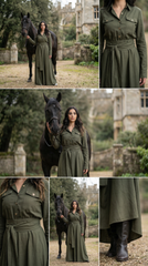 🌿 "Linen Dress – Long Sleeve with Buttons & Belt | Army Green & Black 🌿| زيتى بحزام