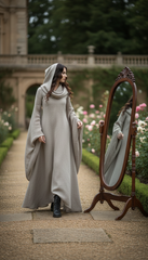 Mythical Treated-Linen Dress with Wide Sleeves & Large Hood | ملكى