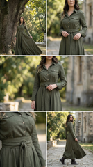 🌿 "Linen Dress – Long Sleeve with Buttons & Belt | Army Green & Black 🌿| زيتى بحزام