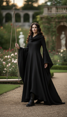 Mythical Treated-Linen Dress with Wide Sleeves & Large Hood | ملكى