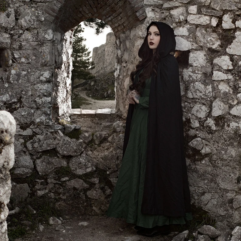 🌿 Elegant Green Linen Dress with Victorian Cape | Timeless Medieval Design| ميدفيل