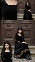 Velvet Winter Dress with Frache Trim & Waist Tie – Elegant and Warm | فرساتشى