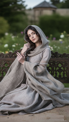 Mythical Treated-Linen Dress with Wide Sleeves & Large Hood | ملكى