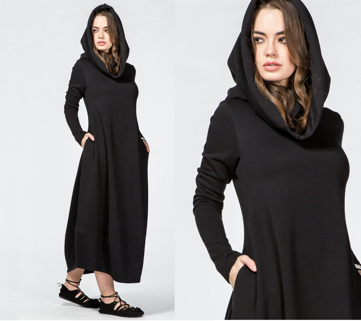 Hooded Dress with Side Pockets and Thumbhole — Available in Off-White and Black| Samar