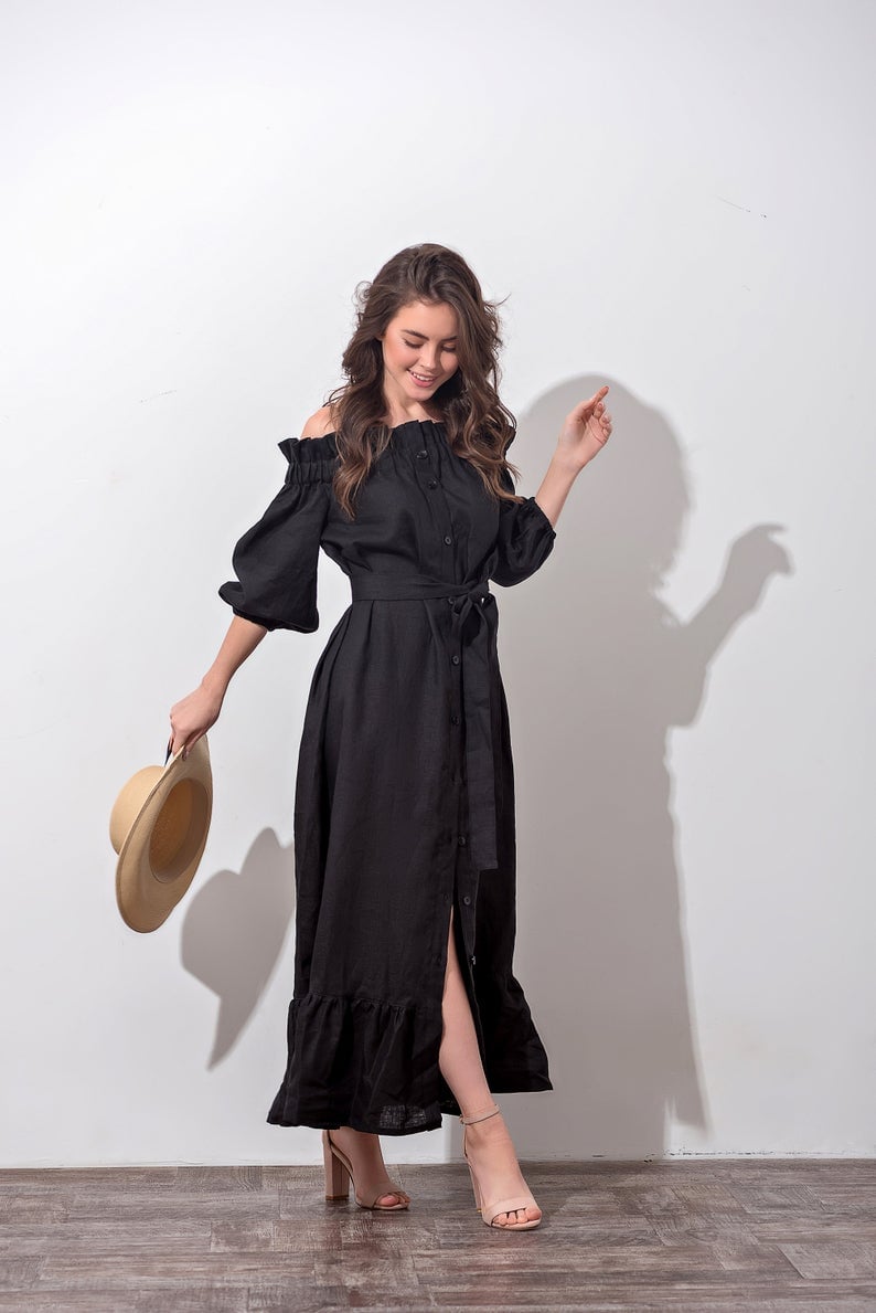 Off-Shoulder Linen Dress |Timeless Black & White Elegance JORYKO Off-Shoulder Linen Dress |Timeless Black & White Elegance JORYKO