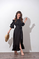 Off-Shoulder Linen Dress |Timeless Black & White Elegance 🌿