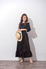 Off-Shoulder Linen Dress |Timeless Black & White Elegance 🌿