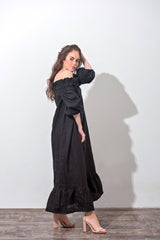 Off-Shoulder Linen Dress |Timeless Black & White Elegance 🌿