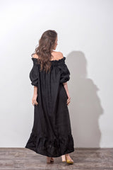 Off-Shoulder Linen Dress |Timeless Black & White Elegance 🌿