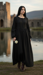 Long Black Linen Dress with Side Pockets | كرفته