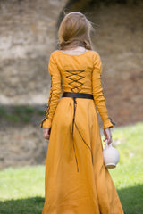 ⚔️ "Medieval-Inspired Linen Maxi Dress – Handcrafted Metal Rings & Lace-Up Corset Detail | Artistic Masterpiece!" ⚔️| حلقات