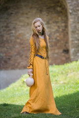 ⚔️ "Medieval-Inspired Linen Maxi Dress – Handcrafted Metal Rings & Lace-Up Corset Detail | Artistic Masterpiece!" ⚔️| حلقات
