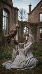 Mythical Treated-Linen Dress with Wide Sleeves & Large Hood | ملكى