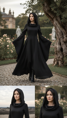 Mythical Treated-Linen Dress with Wide Sleeves & Large Hood | ملكى