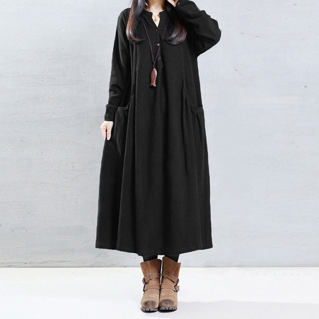 Maxi Linen Dress with Side Pockets — Effortless Elegance for Every Size| Tobey