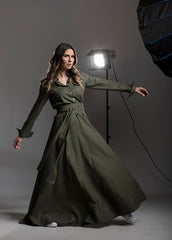 🌿 "Elegant Linen Dress – Long Sleeve with Buttons & Belt | Army Green & Black 🌿| زيتى بحزام