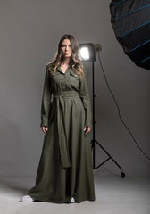 🌿 "Elegant Linen Dress – Long Sleeve with Buttons & Belt | Army Green & Black 🌿| زيتى بحزام