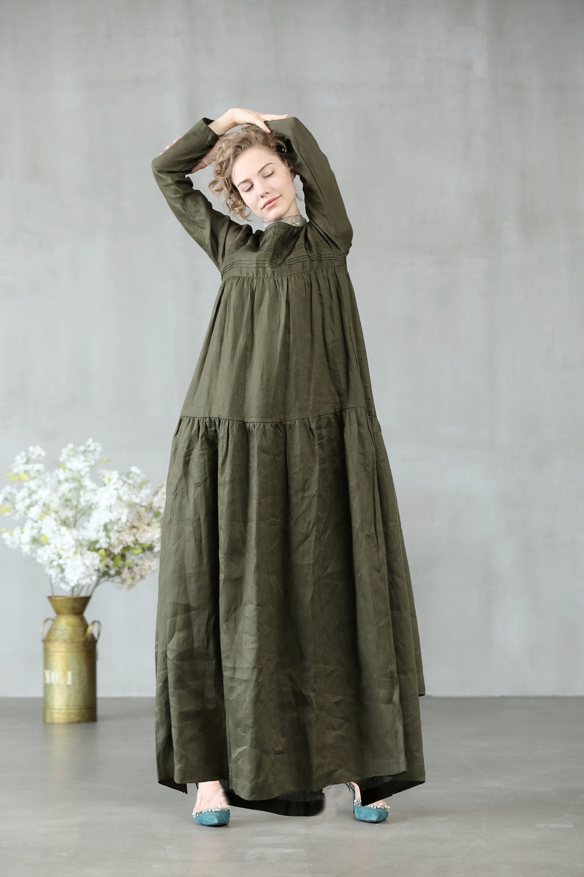 Maxi Linen Dress with Side Pockets , army green and white. | gansat JORYKO Maxi Linen Dress with Side Pockets , army green and white. | gansat JORYKO