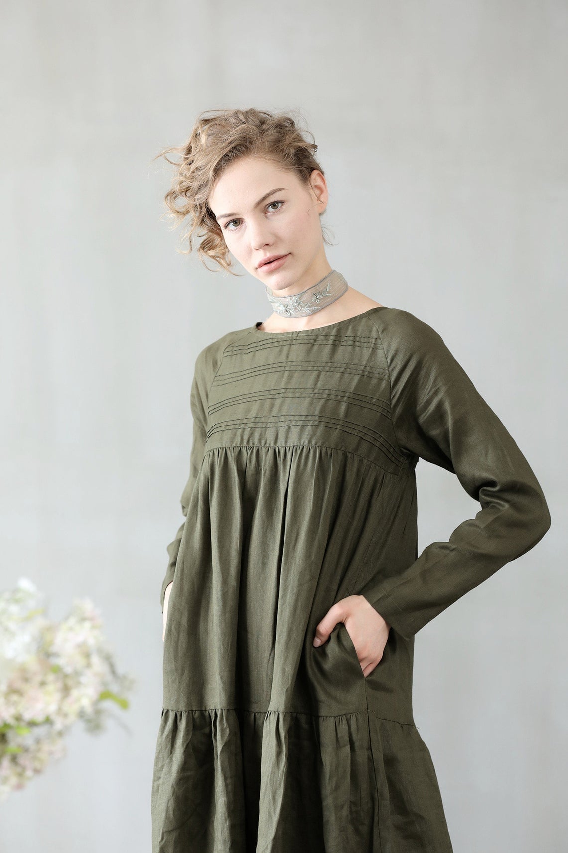 Maxi Linen Dress with Side Pockets , army green and  white. | gansat