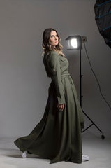 🌿 "Elegant Linen Dress – Long Sleeve with Buttons & Belt | Army Green & Black 🌿| زيتى بحزام