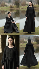Long Black Linen Dress with Side Pockets | كرفته