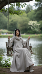 Mythical Treated-Linen Dress with Wide Sleeves & Large Hood | ملكى