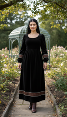 Velvet Winter Dress with Frache Trim & Waist Tie – Elegant and Warm | فرساتشى