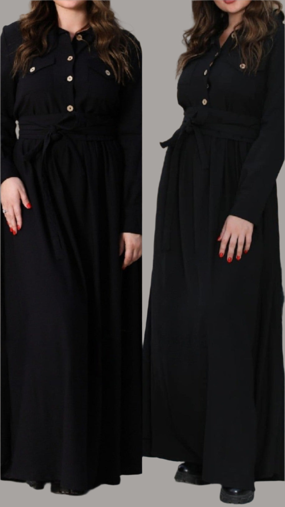 🌿 "Elegant Linen Dress – Long Sleeve with Buttons & Belt | Army Green & Black 🌿| زيتى بحزام