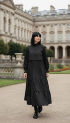 🖤 "Black Lycra Maxi Dress – Flowy Tiers & Comfortable Cuffs |  🖤 | ادوار استك