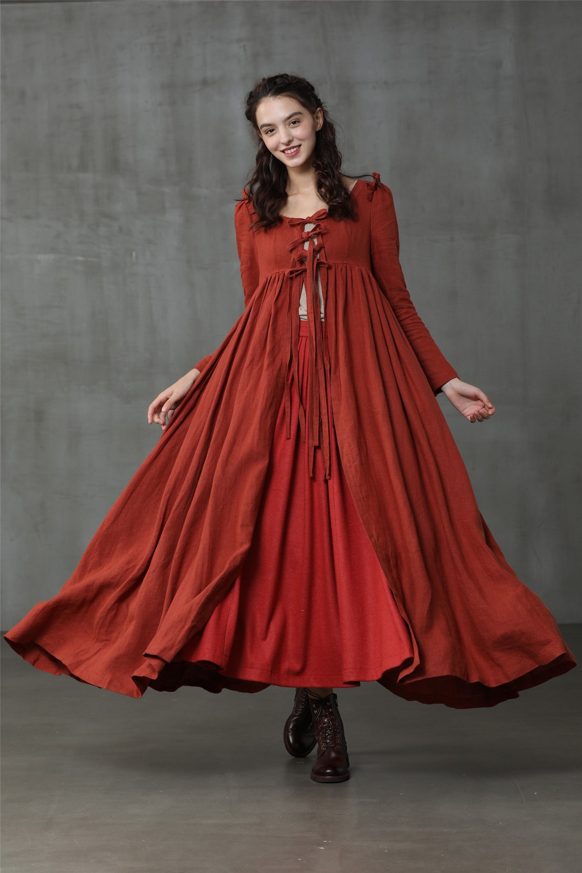 Medieval-Inspired Linen Dress with Chest Tie – Available in Black & Orange -  | Open Dress