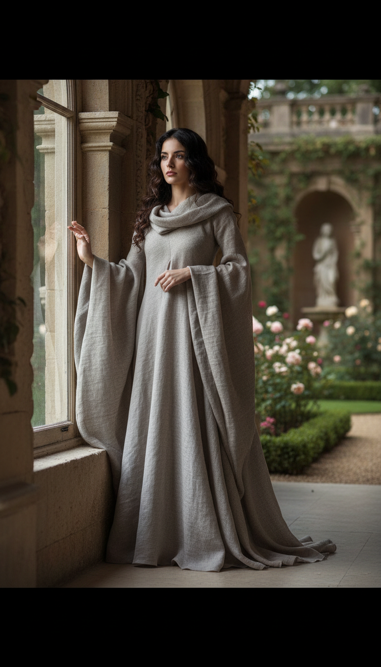 Mythical Treated-Linen Dress with Wide Sleeves & Large Hood | ملكى