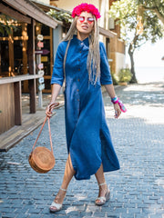 Linen dress with wooden buttons and front pockets — Available in Blue and Mustard 🎨📏|  77