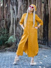 Linen dress with wooden buttons and front pockets — Available in Blue and Mustard 🎨📏|  77