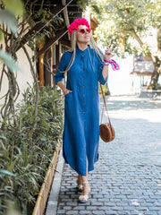 Linen dress with wooden buttons and front pockets — Available in Blue and Mustard 🎨📏|  77