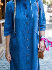 Linen dress with wooden buttons and front pockets — Available in Blue and Mustard 🎨📏|  77