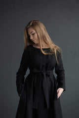 🌿 "Effortless Linen Maxi Dress – Gray & Black with Belt & Pockets | Comfort Meets Style!" 🌿| شيبه السيمبل
