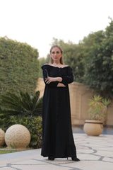 Off-Shoulder Linen Dress |Timeless Black & White Elegance 🌿