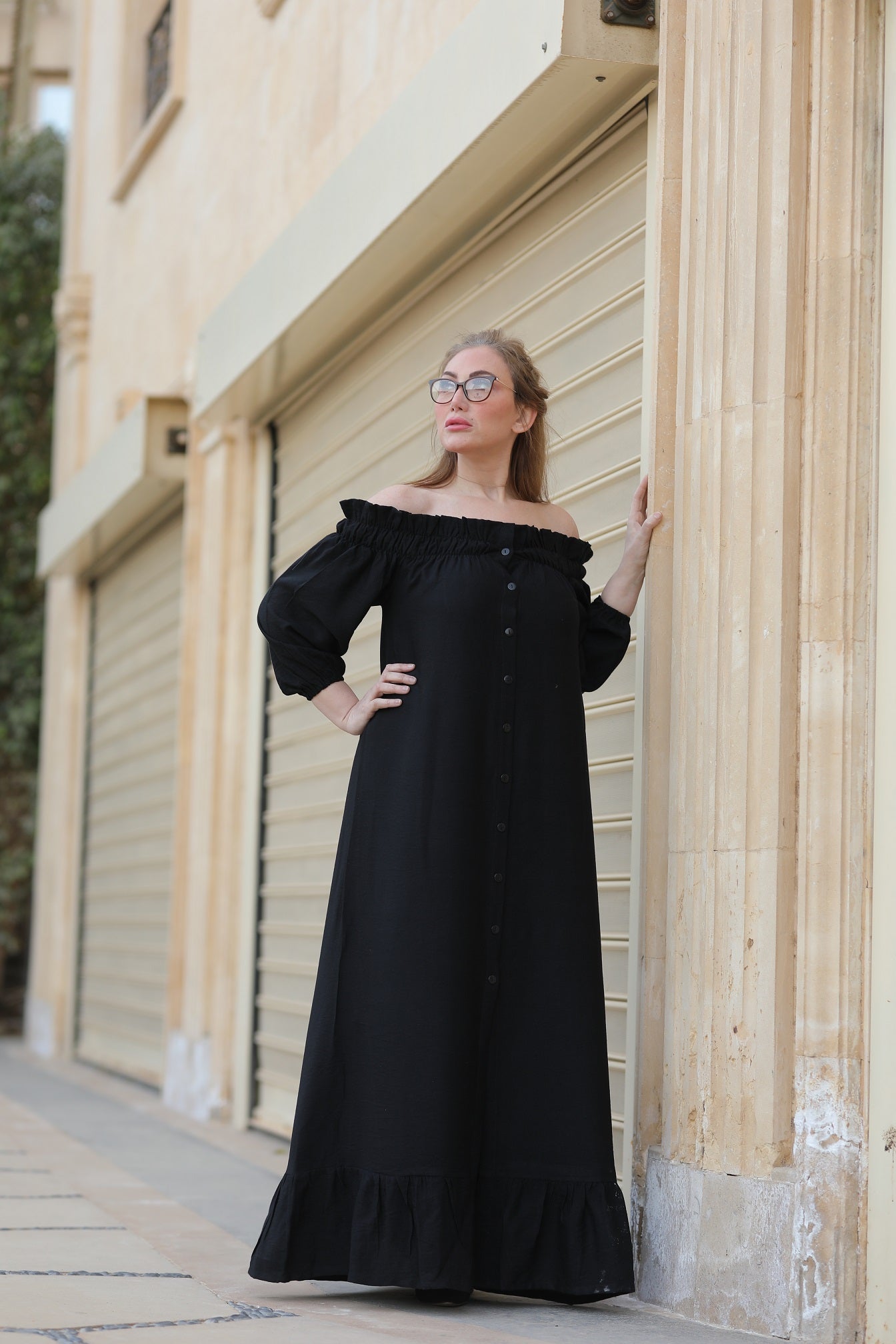 Off-Shoulder Linen Dress |Timeless Black & White Elegance JORYKO Off-Shoulder Linen Dress |Timeless Black & White Elegance JORYKO