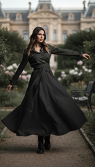 🌿 "Linen Dress – Long Sleeve with Buttons & Belt | Army Green & Black 🌿| زيتى بحزام