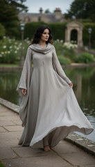Mythical Treated-Linen Dress with Wide Sleeves & Large Hood | ملكى