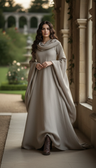 Mythical Treated-Linen Dress with Wide Sleeves & Large Hood | ملكى