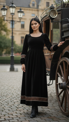 Velvet Winter Dress with Frache Trim & Waist Tie – Elegant and Warm | فرساتشى