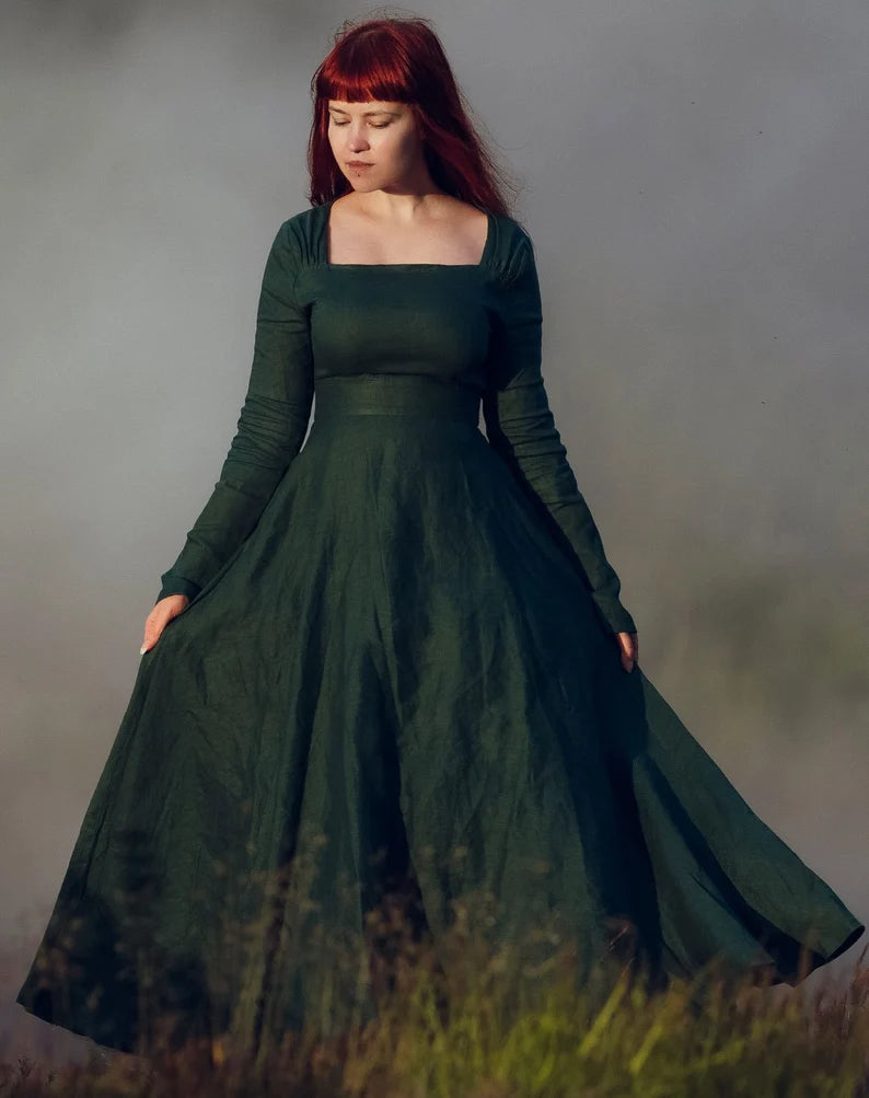 Elegant Green Linen Dress with Victorian Cape | Timeless Medieval De JORYKO Elegant Green Linen Dress with Victorian Cape | Timeless Medieval De JORYKO