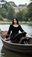 Velvet Winter Dress with Frache Trim & Waist Tie – Elegant and Warm | فرساتشى