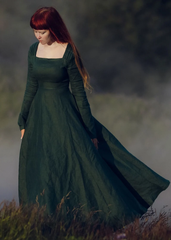 🌿 Elegant Green Linen Dress with Victorian Cape | Timeless Medieval Design| ميدفيل