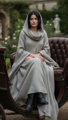 Mythical Treated-Linen Dress with Wide Sleeves & Large Hood | ملكى