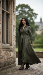 🌿 "Linen Dress – Long Sleeve with Buttons & Belt | Army Green & Black 🌿| زيتى بحزام
