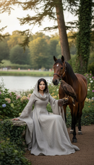 Mythical Treated-Linen Dress with Wide Sleeves & Large Hood | ملكى