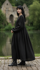 Long Black Linen Dress with Side Pockets | كرفته