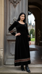 Velvet Winter Dress with Frache Trim & Waist Tie – Elegant and Warm | فرساتشى